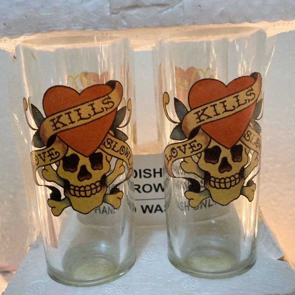 Glassware Vintage shot glasses. .4 Ed Hardy Tall Shot Glasses. Skull&Hearts. New
